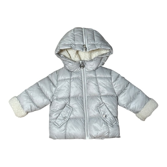 MICHAEL KORS Baby Girls Berber Cuff Split Zip Hood Puffer Jacket Gray Silver 12m - Picture 2 of 9